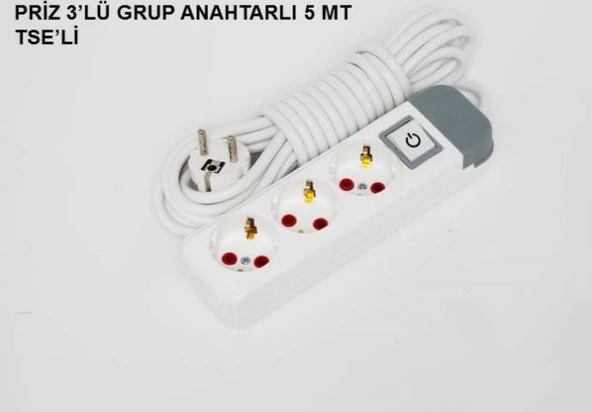 As Grup Prız 3'lu Grup Anahtarlı 5m Tse'lı,Topraklı Priz