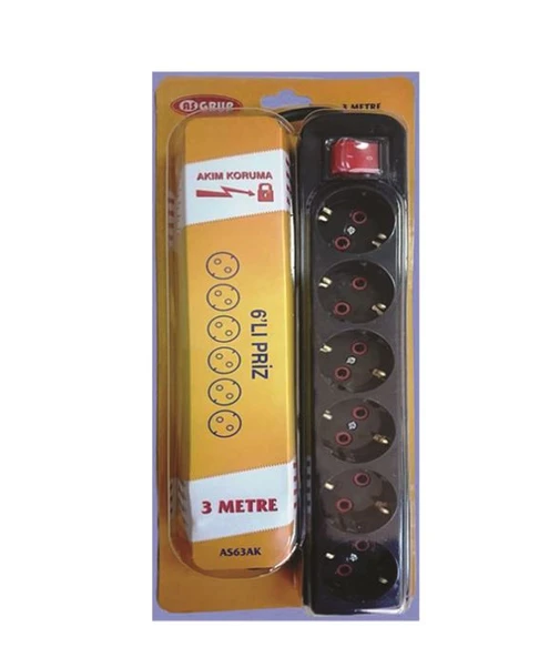 As Grup Akım Korumalı Priz Altılı Anahtarlı 150 Joule 3mt Asgrup-As63ak