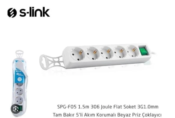 S-LİNK SPG-F05, ANAHTRALI Tam Bakır Akım Korumalı 1.5m 5li Priz Çoklayıcı