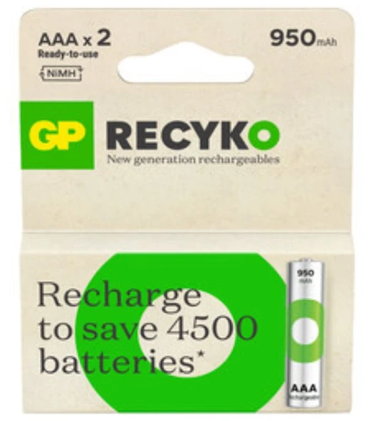 GP Recyko 950 mAh 1.2V AAA Boy NiMH İnce Şarjlı Pil 2'li ürün görseli