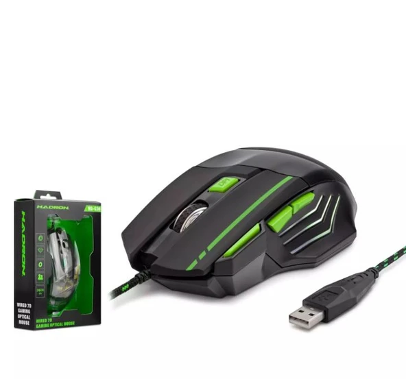 HADRON HDG30 OYUNCU MOUSE KABLOLU USB 600/3600 DPI LEDLİ 144CM (SİYAH-YEŞİL)