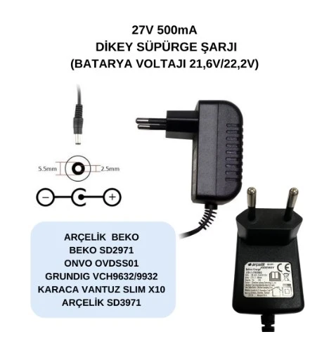 27v 500ma, Arçelik-Beko-Grundıg-Onvo Dikey Süpürge Şarjı Aleti, Adaptör SD2971-SD3971