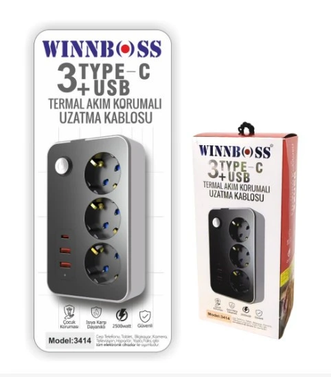winnboss PRIZ AKIM KORUMA ( 3PRİZ 2 USB 1 TYPE C) 2m KARE TİP ürün görseli