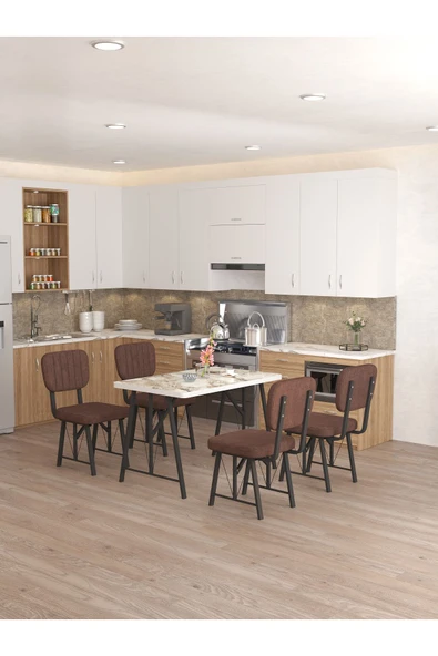 Hayat 70x110cm Sabit Efes Mutfak Masası, Mutfak Masası Takımı, Yemek Masası, 4 Kahverengi Sandalye