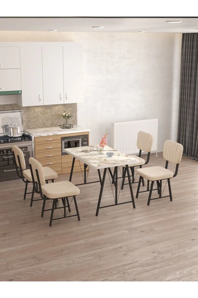 Mygusi Hayat 70x110cm Sabit Efes Mutfak Masası, Mutfak Masası Takımı, Yemek Masası, 4 Krem Sandalye - Resim 2