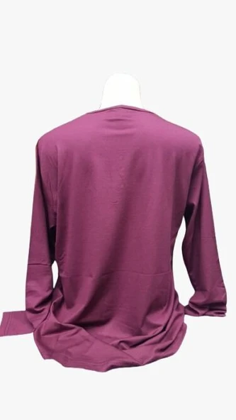 V Yaka Uzun Kol Bayan Yazlık Penye Bluz Bordo Renk - 2