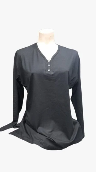 V Yaka Uzun Kol Bayan Yazlık Penye Bluz Siyah Renk