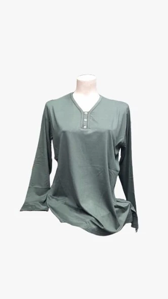V Yaka Uzun Kol Bayan Yazlık Penye Bluz Yeşil Renk