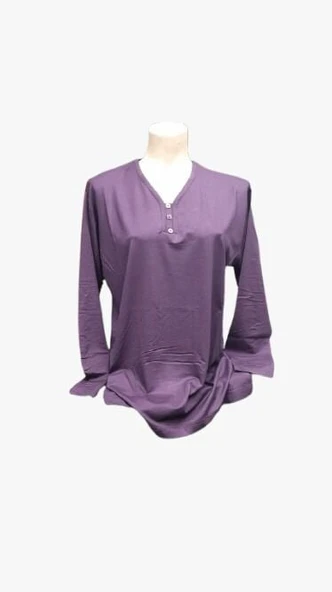 V Yaka Uzun Kol Bayan Yazlık Penye Bluz Murdum Renk