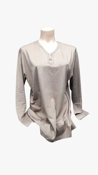 V Yaka Uzun Kol Bayan Yazlık Penye Bluz Vizon Renk