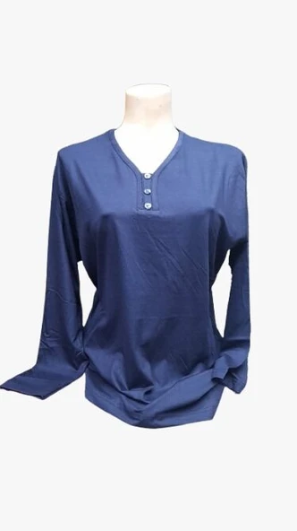 V Yaka Uzun Kol Bayan Yazlık Penye Bluz Lacivert Renk