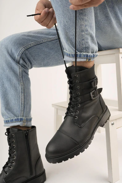 Muggo M452 Garantili Kauçuk Sağlam Esnek Kışlık Su ve Soğuk Geçirmez Unisex Bağcıklı ve Fermuarlı Postal Bot  SİYAH 42