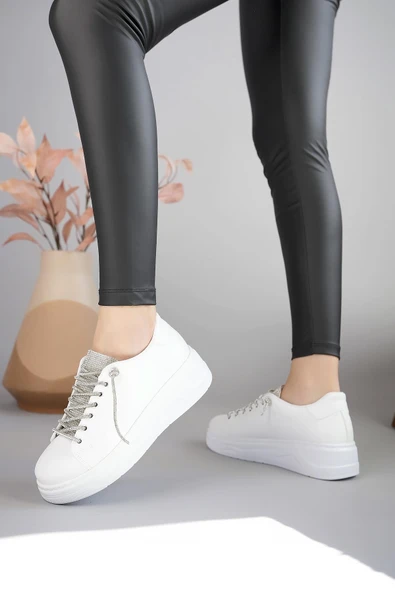 Muggo Reina Kadın Garantili Günlük Yürüyüş Rahat ve Tarz Kalın Taban Bağcıklı Sneaker Spor Ayakkabı  BEYAZ 37 - 2