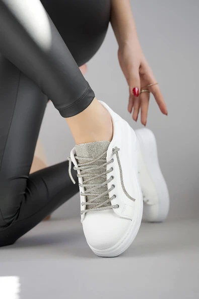 Muggo Reina Kadın Garantili Günlük Yürüyüş Rahat ve Tarz Kalın Taban Bağcıklı Sneaker Spor Ayakkabı  BEYAZ 37 - 3