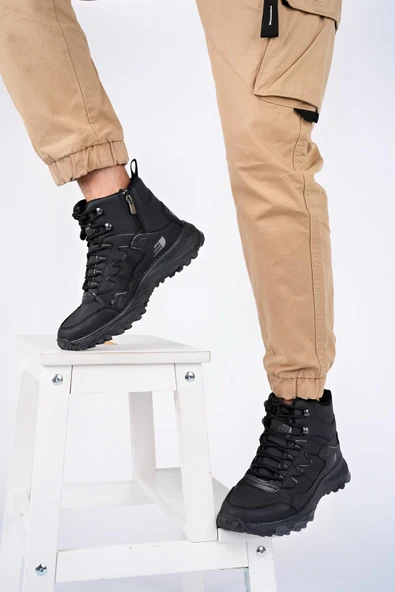 Muggo İZLAND Unisex Garantili Trekking Outdoor Bağcıklı Yandan Fermuarlı Kışlık Bot  SİYAH-SİYAH 44