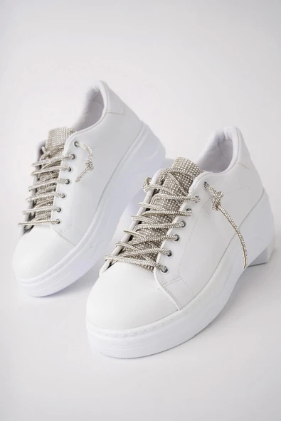 Muggo Reina Kadın Garantili Günlük Yürüyüş Rahat ve Tarz Kalın Taban Bağcıklı Sneaker Spor Ayakkabı  BEYAZ 37 - 6