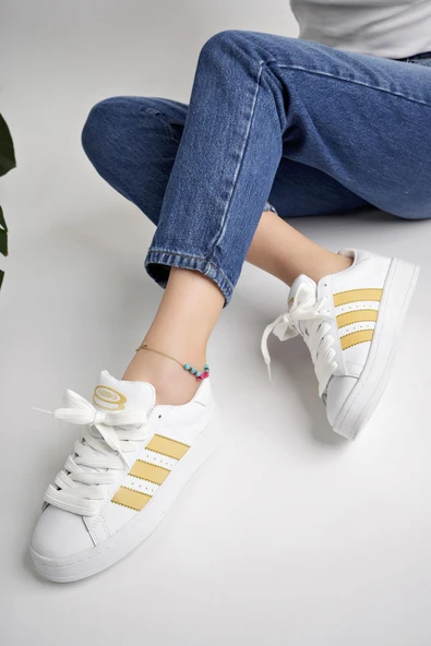 Muggo KAMPUS Garantili Kadın Ortopedik Günlük Bağcıklı Yürüyüş Koşu Sneaker Spor Ayakkabı  BEYAZ ALTIN 39 - 2