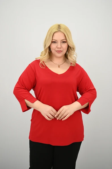 Kadın Büyük Beden Bantlı V yaka Bluz 1919-25 - 10