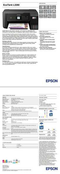 Epson EcoTank L3260 Fotokopi + Tarayıcı + Wifi Direct + Tanklı Mürekkep Püskürtmeli Yazıcı - 4