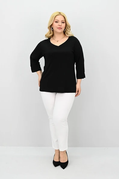 Kadın Büyük Beden Bantlı V yaka Bluz 1919-25 - 5