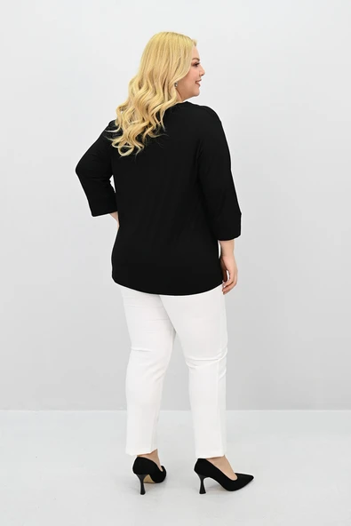 Kadın Büyük Beden Bantlı V yaka Bluz 1919-25 - 8