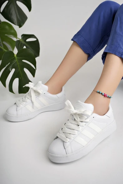 Muggo KAMPUS Garantili Kadın Ortopedik Günlük Bağcıklı Yürüyüş Koşu Sneaker Spor Ayakkabı  BEYAZ 40