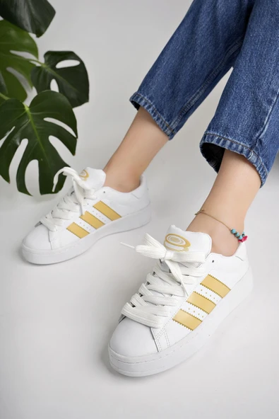 Muggo KAMPUS Garantili Kadın Ortopedik Günlük Bağcıklı Yürüyüş Koşu Sneaker Spor Ayakkabı  BEYAZ ALTIN 39