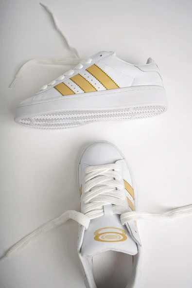 Muggo KAMPUS Garantili Kadın Ortopedik Günlük Bağcıklı Yürüyüş Koşu Sneaker Spor Ayakkabı  BEYAZ ALTIN 40 - 6