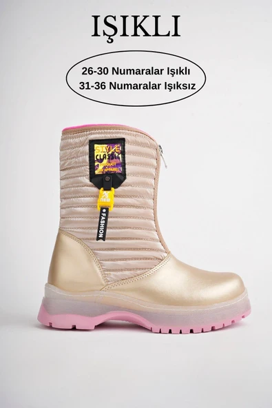 Muggo BLOOM Garantili Çocuk Tırtıklı Taban İçi Polar Önü Fermuarlı Yağmur ve Kar Botu  ALTIN 30