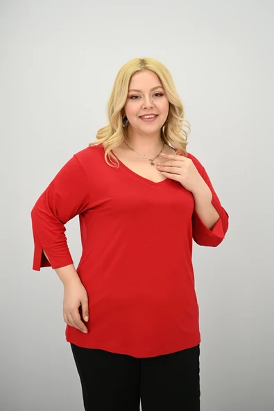 Kadın Büyük Beden Bantlı V yaka Bluz 1919-25 - 12