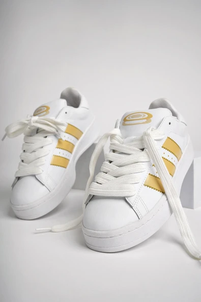 Muggo KAMPUS Garantili Kadın Ortopedik Günlük Bağcıklı Yürüyüş Koşu Sneaker Spor Ayakkabı  BEYAZ ALTIN 40 - 5