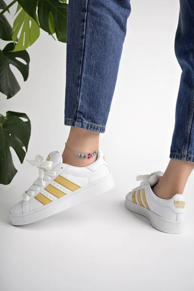 Muggo KAMPUS Garantili Kadın Ortopedik Günlük Bağcıklı Yürüyüş Koşu Sneaker Spor Ayakkabı  BEYAZ ALTIN 37 - 3