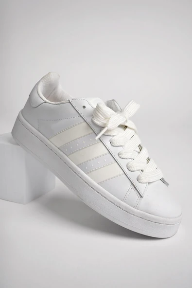Muggo KAMPUS Garantili Kadın Ortopedik Günlük Bağcıklı Yürüyüş Koşu Sneaker Spor Ayakkabı  BEYAZ 40 - 5