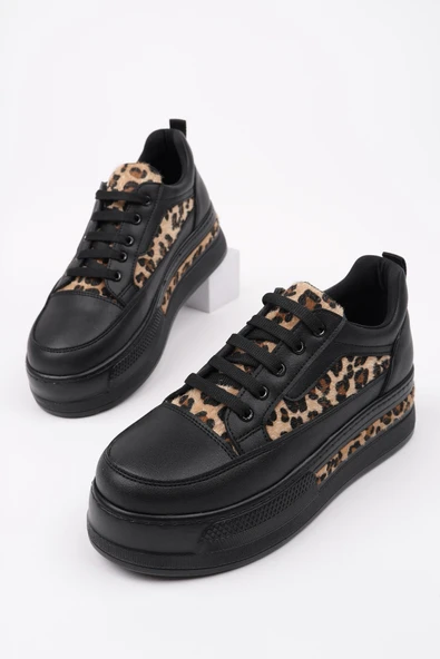 Muggo ZARİNA Kadın Kalın Taban Leopar Desenli Bağcıklı Günlük Sneaker Spor Ayakkabı  SİYAH 36 - 3
