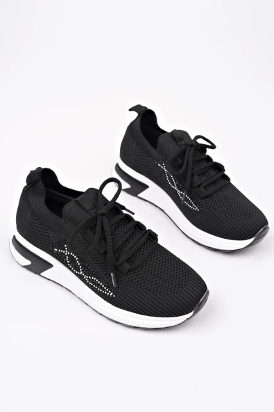 Muggo MARTHA Kadın Kalın Taban Günlük Triko Taşlı Bağcıklı Sneaker Spor Ayakkabı  SİYAH 38 - Resim 2
