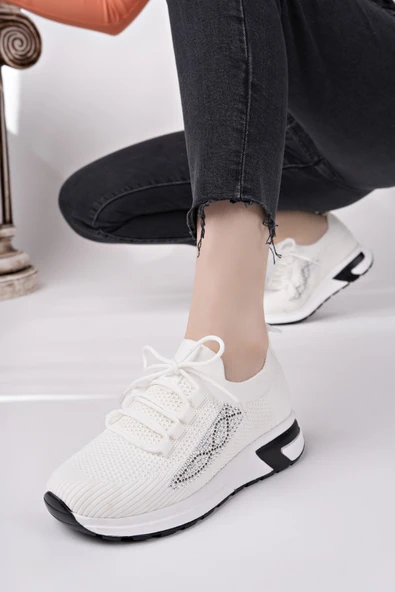 Muggo MARTHA Kadın Kalın Taban Günlük Triko Taşlı Bağcıklı Sneaker Spor Ayakkabı  BEYAZ 39