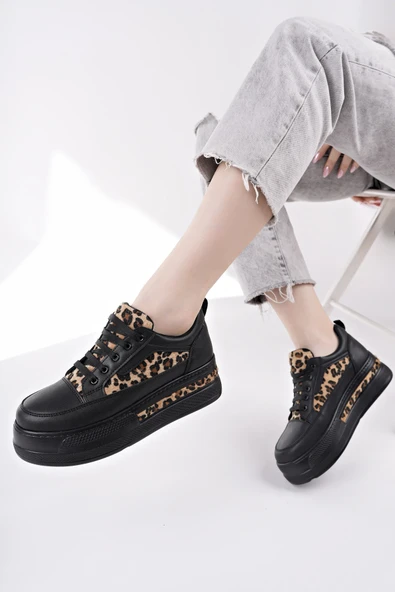 Muggo ZARİNA Kadın Kalın Taban Leopar Desenli Bağcıklı Günlük Sneaker Spor Ayakkabı  SİYAH 36 - 7