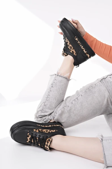 Muggo ZARİNA Kadın Kalın Taban Leopar Desenli Bağcıklı Günlük Sneaker Spor Ayakkabı  SİYAH 36 - 6