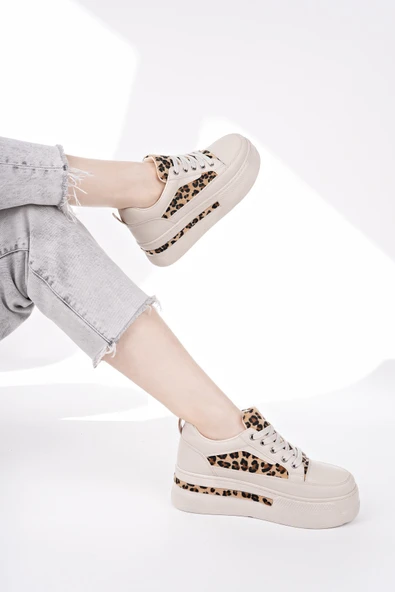 Muggo ZARİNA Kadın Kalın Taban Leopar Desenli Bağcıklı Günlük Sneaker Spor Ayakkabı  TEN 37 - 6