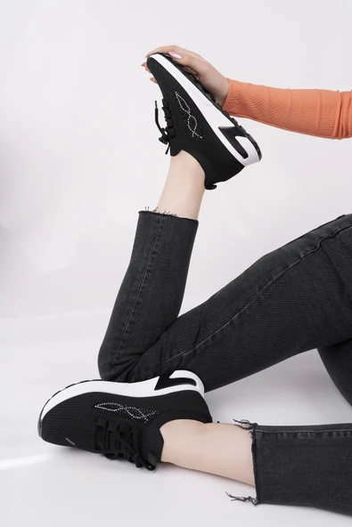 Muggo MARTHA Kadın Kalın Taban Günlük Triko Taşlı Bağcıklı Sneaker Spor Ayakkabı  SİYAH 37 - 7