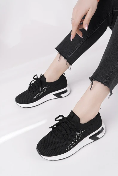 Muggo MARTHA Kadın Kalın Taban Günlük Triko Taşlı Bağcıklı Sneaker Spor Ayakkabı  SİYAH 38 - Resim 5
