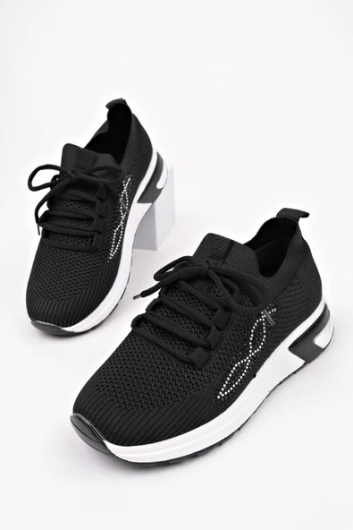 Muggo MARTHA Kadın Kalın Taban Günlük Triko Taşlı Bağcıklı Sneaker Spor Ayakkabı  SİYAH 36 - Resim 3