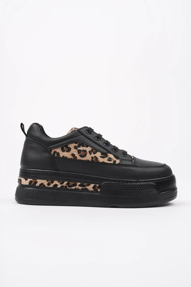 Muggo ZARİNA Kadın Kalın Taban Leopar Desenli Bağcıklı Günlük Sneaker Spor Ayakkabı  SİYAH 40
