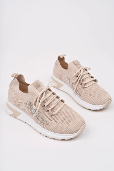 Muggo MARTHA Kadın Kalın Taban Günlük Triko Taşlı Bağcıklı Sneaker Spor Ayakkabı  BEJ 38 - 2