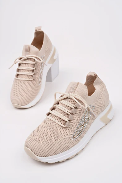 Muggo MARTHA Kadın Kalın Taban Günlük Triko Taşlı Bağcıklı Sneaker Spor Ayakkabı  BEJ 38 - 3