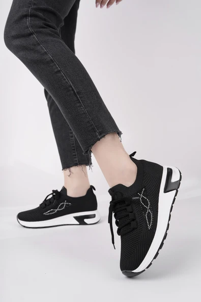 Muggo MARTHA Kadın Kalın Taban Günlük Triko Taşlı Bağcıklı Sneaker Spor Ayakkabı  SİYAH 37 - 6