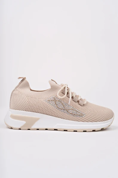Muggo MARTHA Kadın Kalın Taban Günlük Triko Taşlı Bağcıklı Sneaker Spor Ayakkabı  BEJ 40