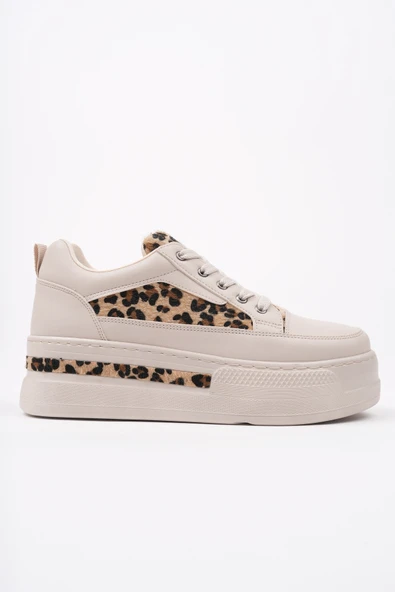Muggo ZARİNA Kadın Kalın Taban Leopar Desenli Bağcıklı Günlük Sneaker Spor Ayakkabı  TEN 37