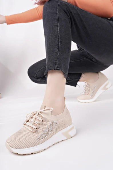 Muggo MARTHA Kadın Kalın Taban Günlük Triko Taşlı Bağcıklı Sneaker Spor Ayakkabı  BEJ 38 - 6
