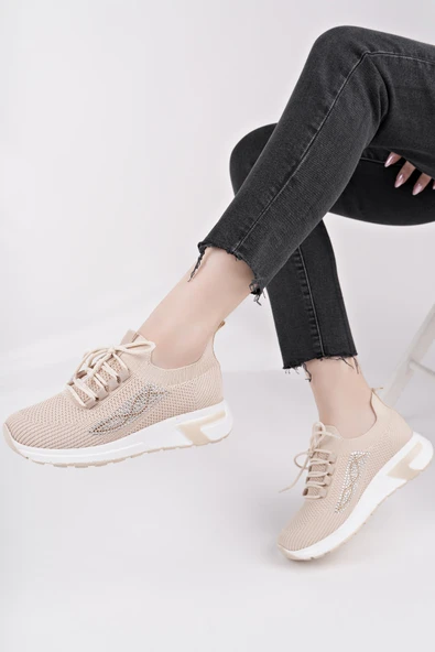 Muggo MARTHA Kadın Kalın Taban Günlük Triko Taşlı Bağcıklı Sneaker Spor Ayakkabı  BEJ 38 - 7